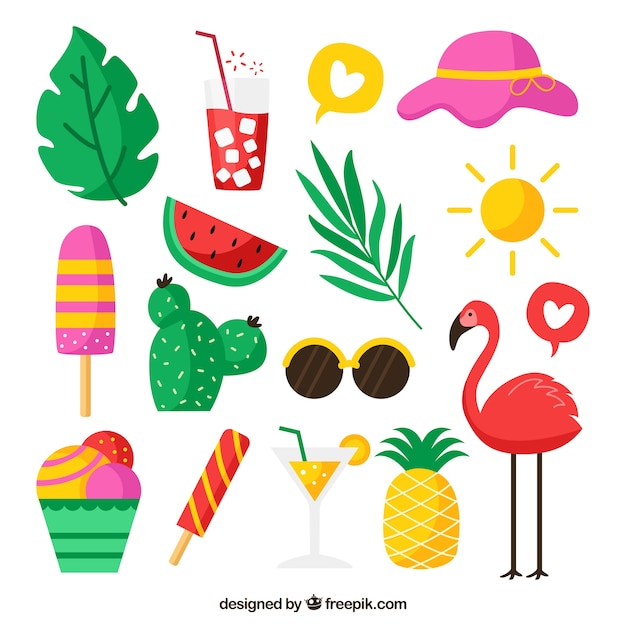 Set van zomer elementen met fruit en voedsel in vlakke stijl