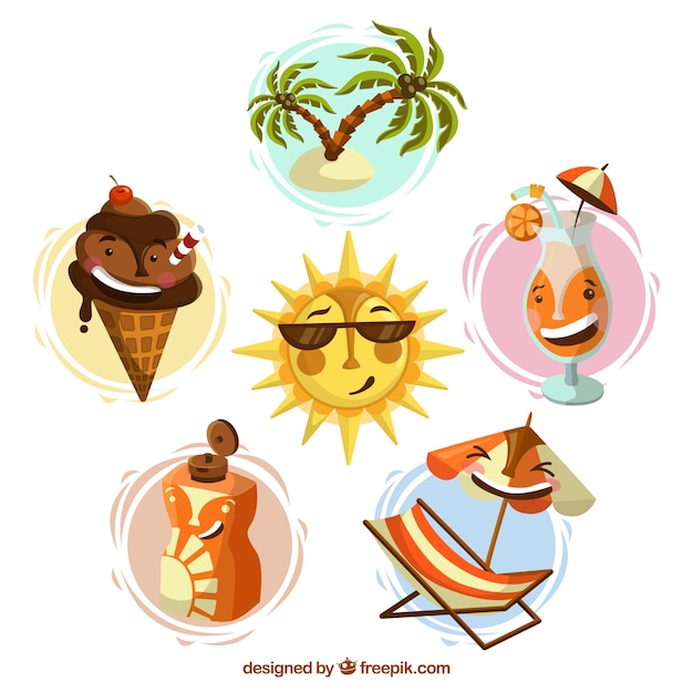 Gratis vector set van zomer elementen met grappige tekenfilms