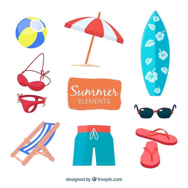 Gratis vector set van zomer elementen met voedsel en kleding in de hand getrokken stijl