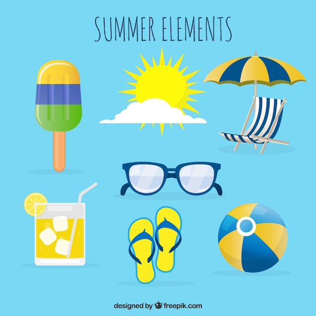 Gratis vector set van zomer elementen met voedsel en kleding in vlakke stijl