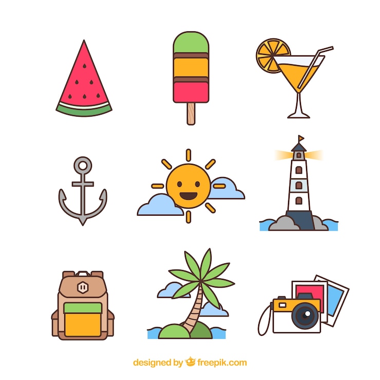 Gratis Vector set van zomer elementen met voedsel en kleding in vlakke stijl