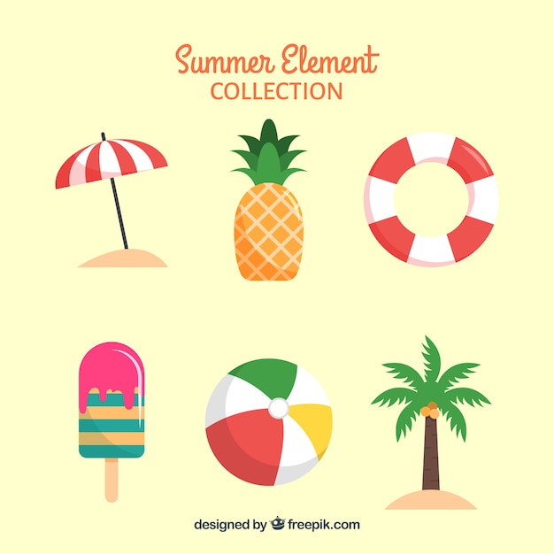 Set van zomer elementen met voedsel en kleding in vlakke stijl