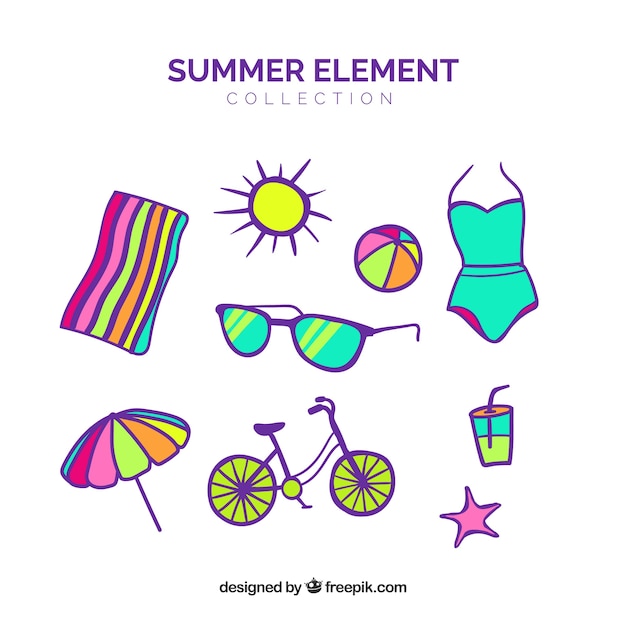 Gratis vector set van zomer kleding en elementen in vlakke stijl