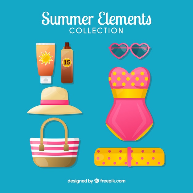 Gratis vector set van zomer kleding en elementen in vlakke stijl