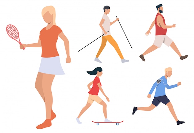 Gratis vector set van zomeractiviteiten. mannen en vrouwen die tennissen