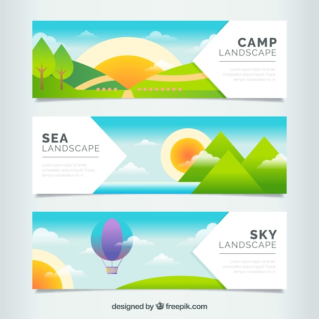 Gratis vector set van zonnige landschap banners