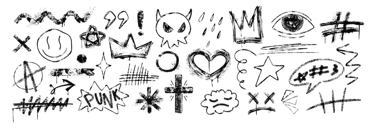 Gratis Vector set van zwarte penseel grunge graffiti textuur lijnen kroon krabbels pijlen en glimlach emojis