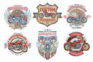 Gratis vector set vector kleur vintage badges, emblemen met een aangepaste motorfiets