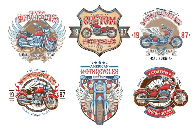 Set vector kleur vintage badges, emblemen met een aangepaste motorfiets