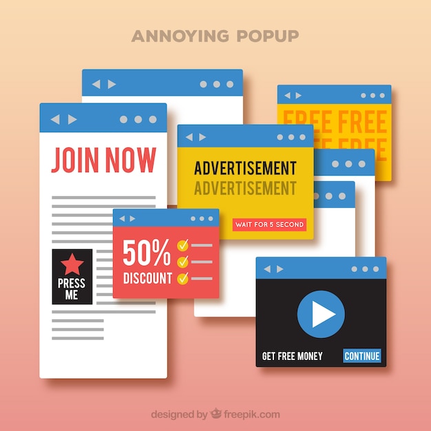 Gratis vector set vervelende pop-ups met plat ontwerp