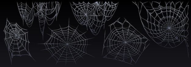 Gratis vector set verwarde spinnenweb opknoping geïsoleerd op zwart