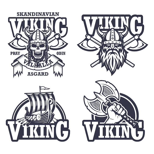 Gratis vector set viking emblemen, labels en logo's. monochrome stijl