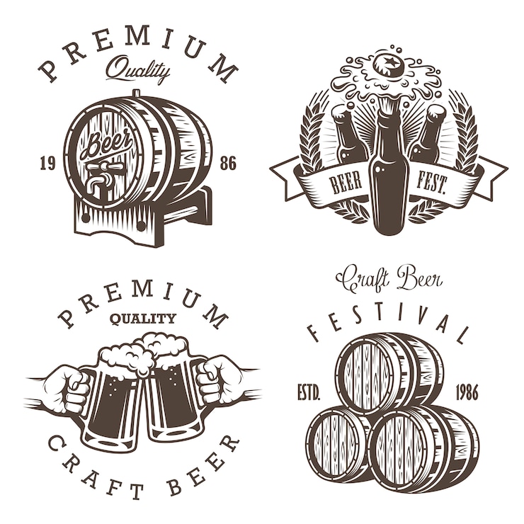 Gratis Vector set vintage bierbrouwerij emblemen, etiketten, logo's, badges en ontworpen elementen. monochrome stijl. geïsoleerd op witte achtergrond