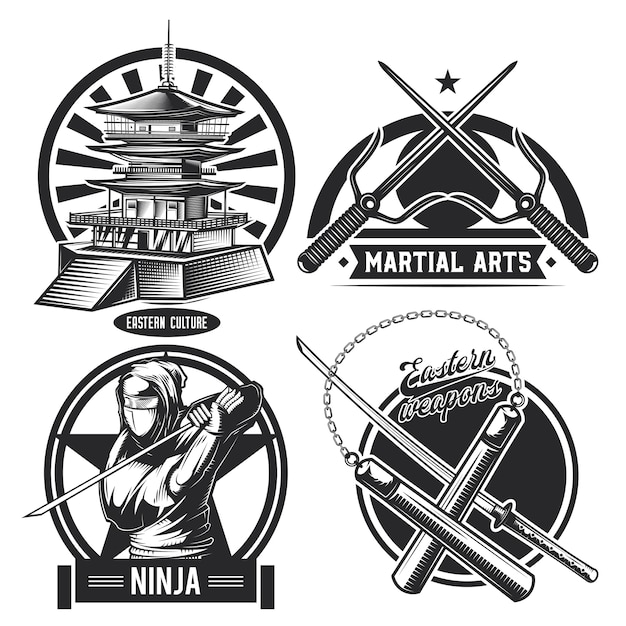 Gratis vector set vintage ninja emblemen