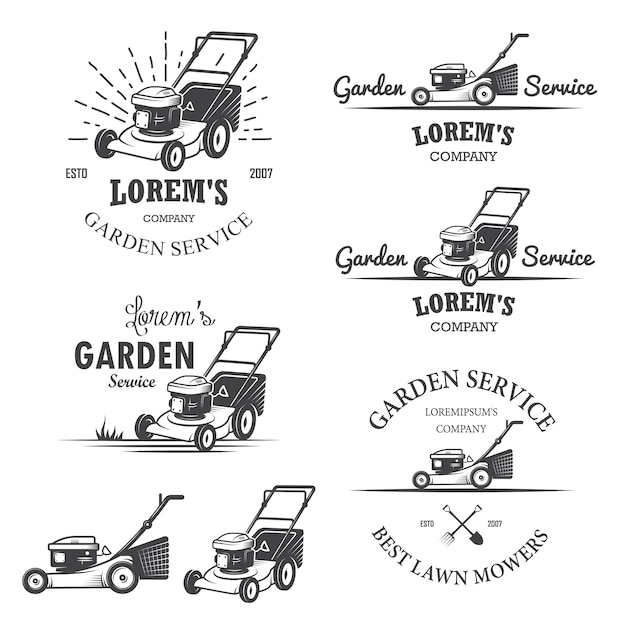 Gratis vector set vintage tuin service emblemen, etiketten, insignes, logo's en ontworpen elementen. monochrome stijl