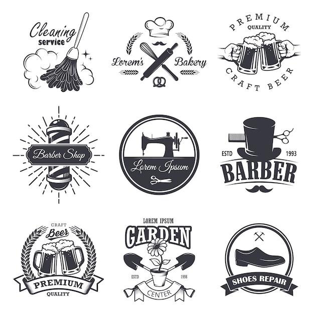 Set vintage workshop emblemen, etiketten, insignes en logo's, zwart-wit stijl