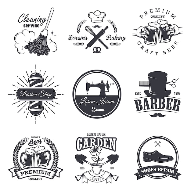 Gratis vector set vintage workshop emblemen, etiketten, insignes en logo's, zwart-wit stijl