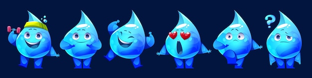 Gratis vector set waterdruppel mascottes met verschillende emoties vector cartoon illustratie van schattige aquadruppels trainen met halter glimlachend lachen springen verliefd bang denken met vraagteken