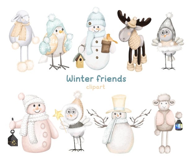 Set winter bosdieren en sneeuwmannen kerst schattige karakters clipart