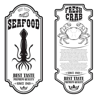 Set zeevruchten flyers met illustraties van inktvis en krab. ontwerpelement voor poster, spandoek, teken, embleem. vector illustratie