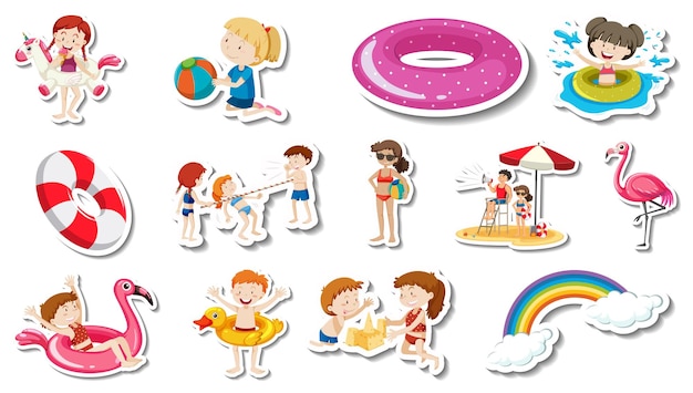 Gratis vector set zomerse strandartikelen en kinderen