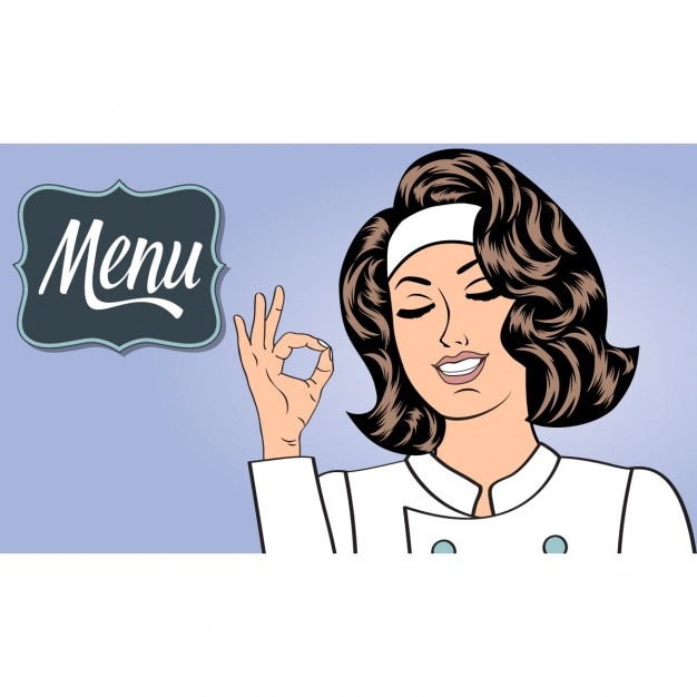 Gratis vector sexy chef-kok vrouw in uniform gebaren ok teken met haar hand vector-formaat menu