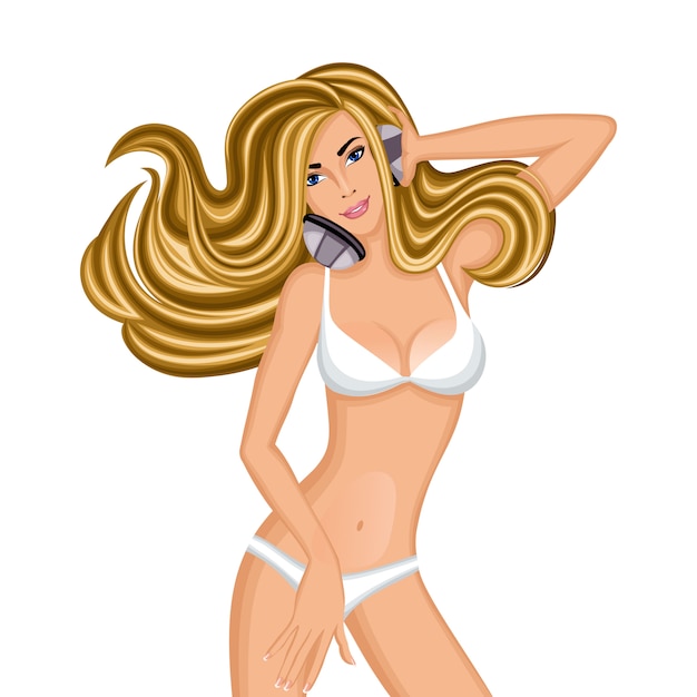 Gratis vector sexy slank langharig meisje in witte bikini met de illustratie van het hoofdtelefoonskarakter