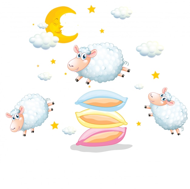 Gratis vector sheeps die over de kussens op wit springt