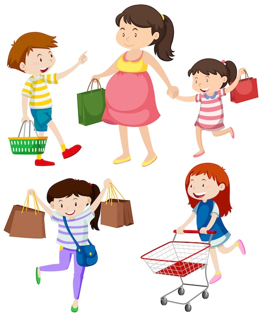 Gratis vector shoppers met tassen en kar