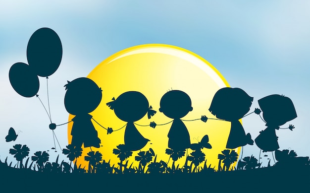 Gratis vector silhouet kinderen hand in hand in park