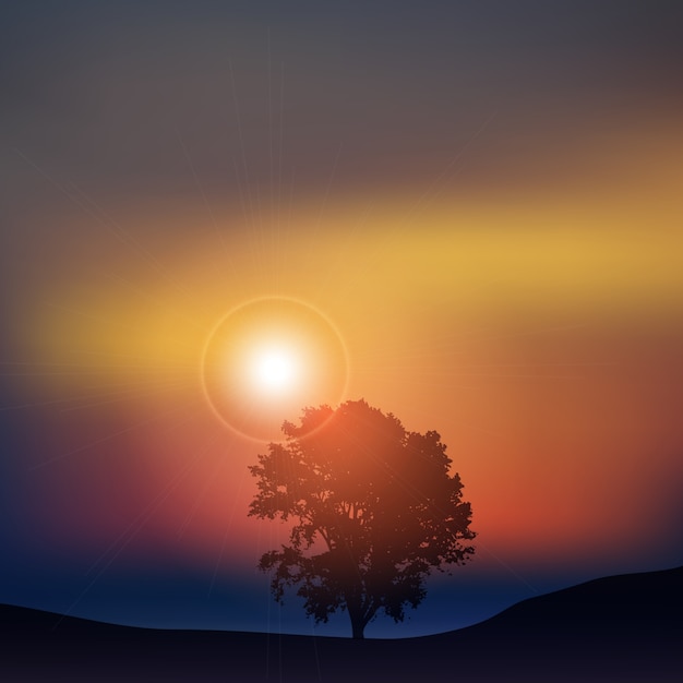 Gratis vector silhouet van een boom tegen een zonsondergang hemel