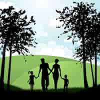 Gratis vector silhouet van een familie die buiten in de natuur