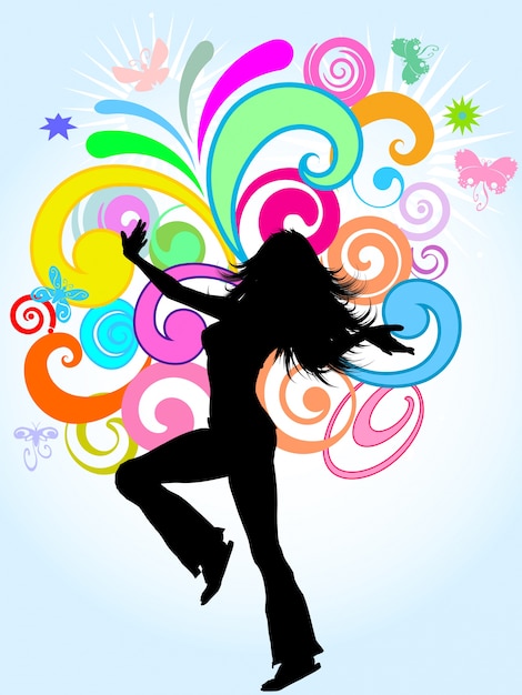Gratis vector silhouet van een funky vrouw op een heldere gekleurde abstracte achtergrond