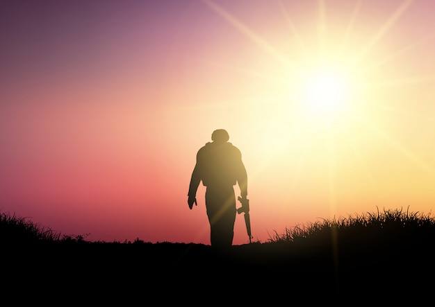 Silhouet van een soldaat bij zonsondergang