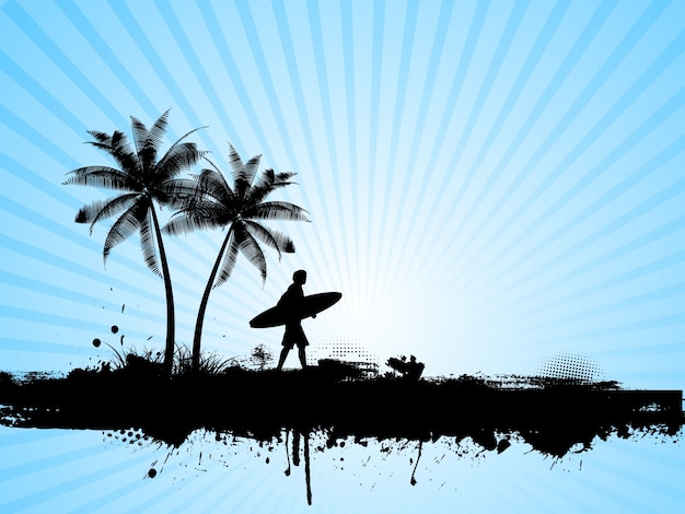 Gratis vector silhouet van een surfer op een grunge palmboom achtergrond