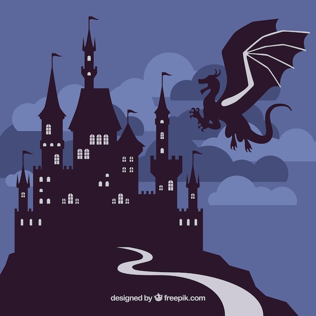 Silhouet van kasteel en vliegende draak