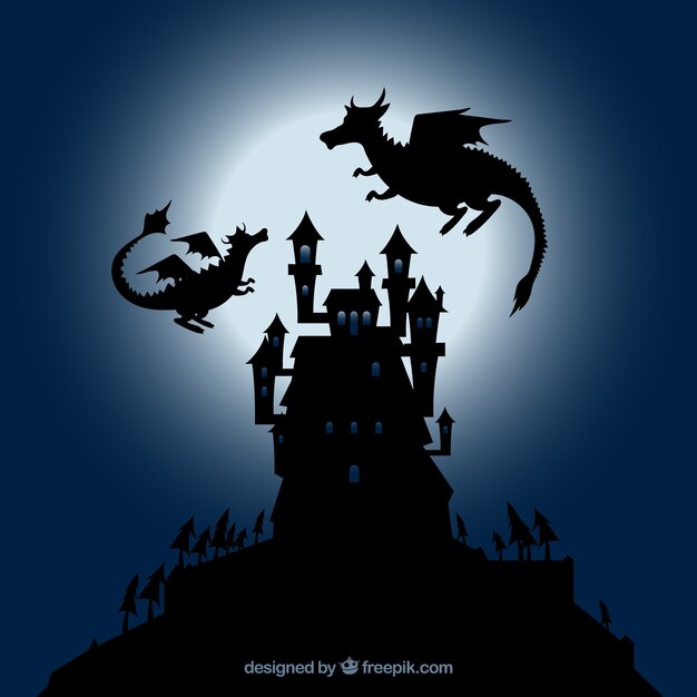 Silhouet van kasteel en vliegende draak