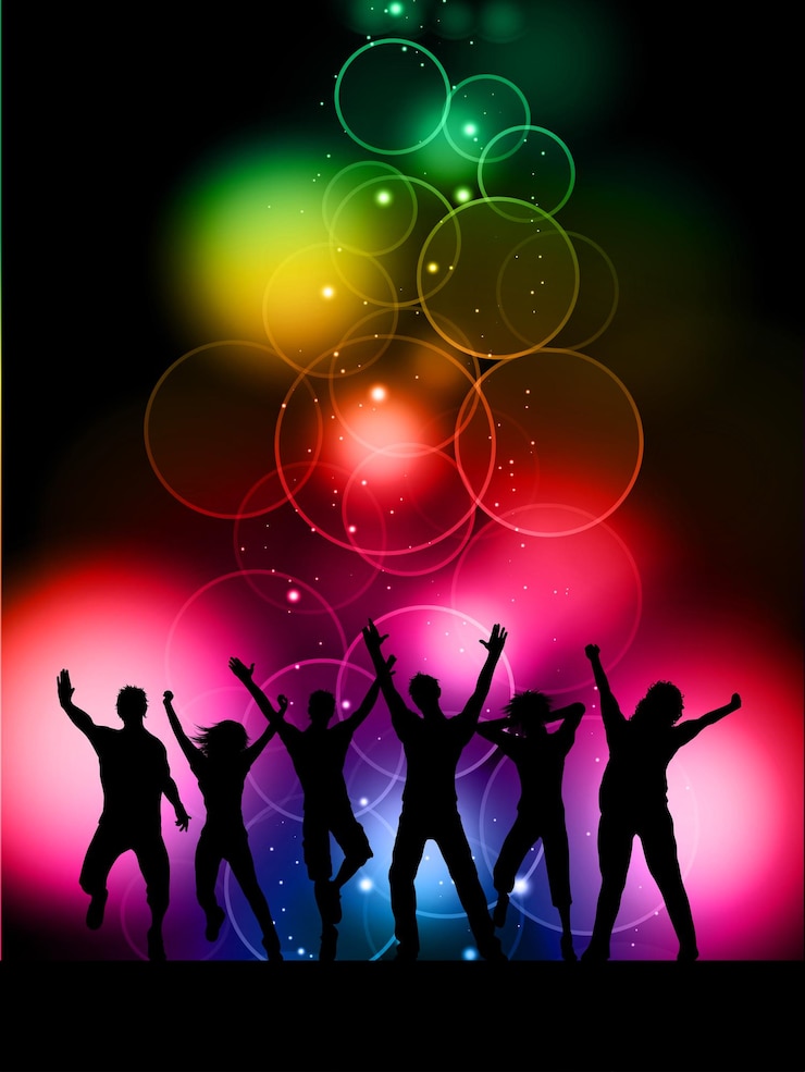 Gratis Vector silhouetten van mensen dansen op een kleurrijke bokeh licht achtergrond