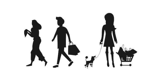 Gratis vector silhouetten van mensen die in verschillende richtingen lopen en lopen, waaronder een vrouw en een hond.