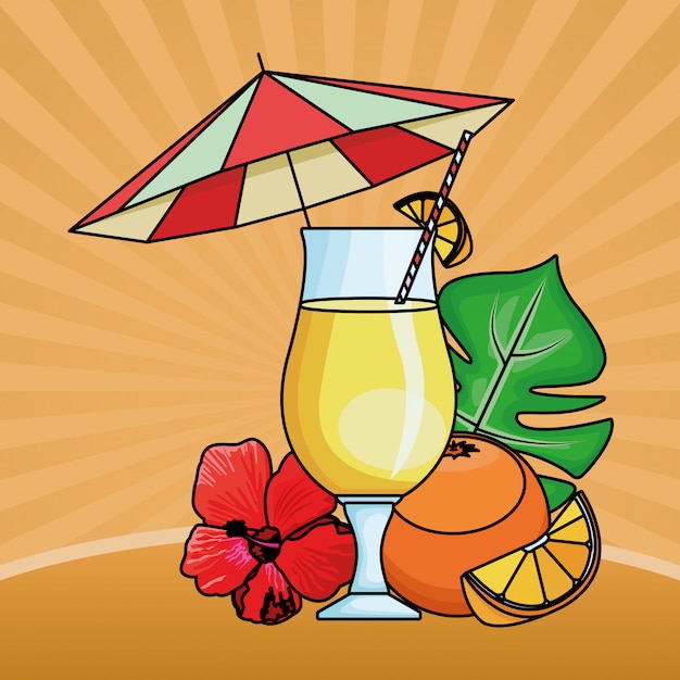 Gratis vector sinaasappelsap met fruit onder parasol