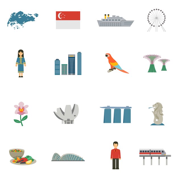 Singapore cultuur vlakke pictogrammen instellen