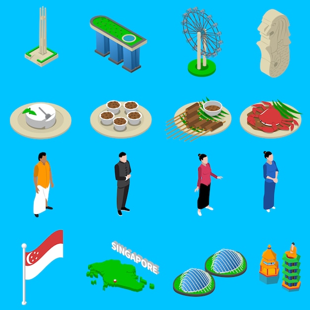 Singapore reizen symbolen isometrische icons set