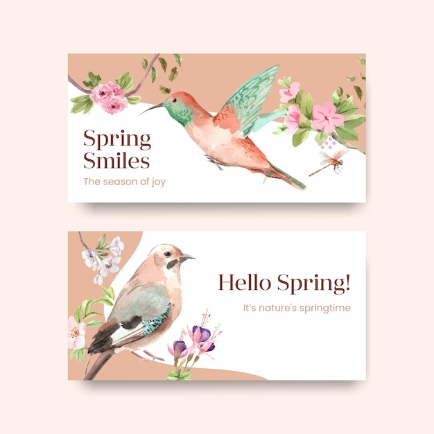 Gratis vector sjabloon met lente en vogel conceptontwerp voor sociale media en communautaire aquarel illustratie