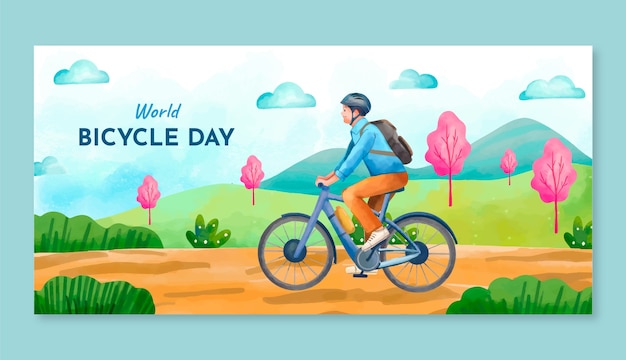 Gratis vector sjabloon voor aquarel horizontale spandoek voor de viering van de dag van de fiets van de wereld