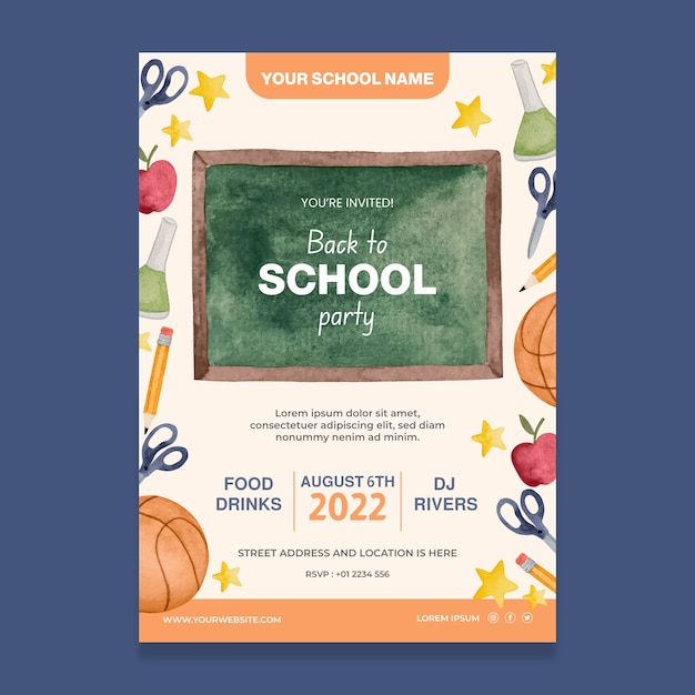 Sjabloon voor aquarel terug naar school feestposter