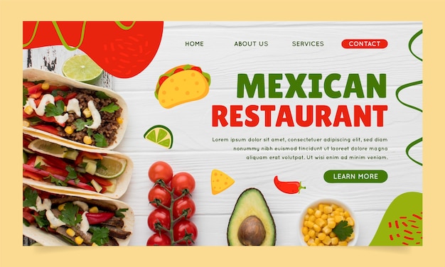 Gratis vector sjabloon voor bestemmingspagina's voor plat mexicaans eten