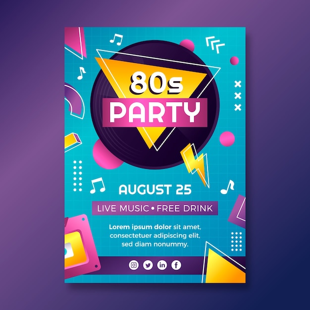 Gratis vector sjabloon voor feestposters met gradiënt 80's thema