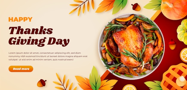 Gratis vector sjabloon voor gradiënt thanksgiving horizontale spandoek met kalkoenschotel
