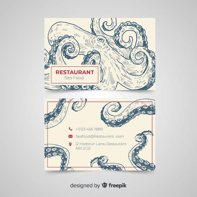 Gratis vector sjabloon voor hand getrokken restaurant visitekaartjes