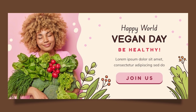 Gratis vector sjabloon voor handgetekende horizontale banner voor de viering van de wereld veganistische dag